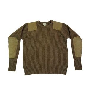 LL Bean Sweater Brown Mocha Merino Wool Commando Military Elbow Patches